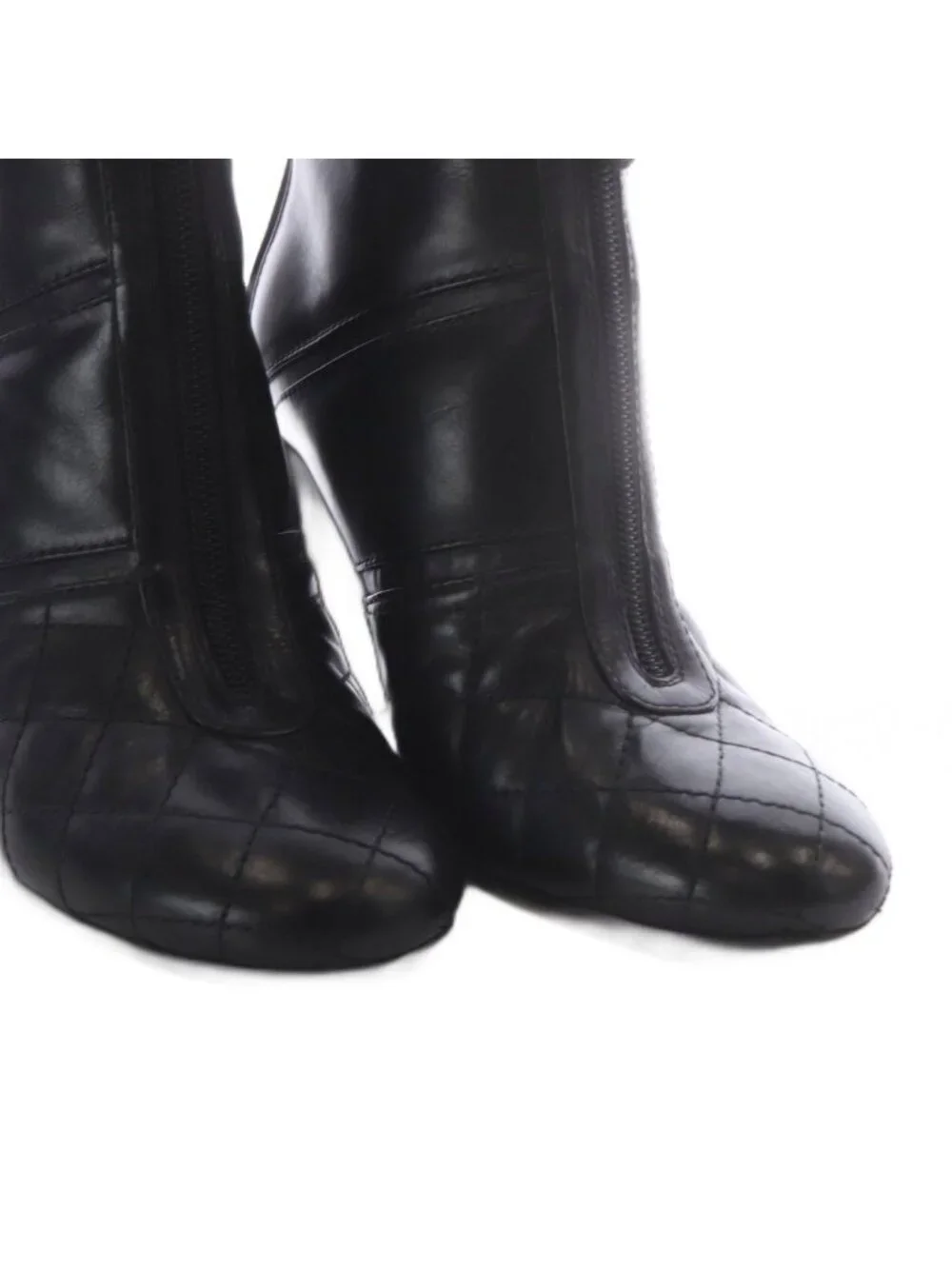 Chanel Quilted Boots Short High Heels Center Zip CC Logo Leather Black